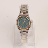 Two Tone Women's Silver Chain Wrist Watch With Green Dial